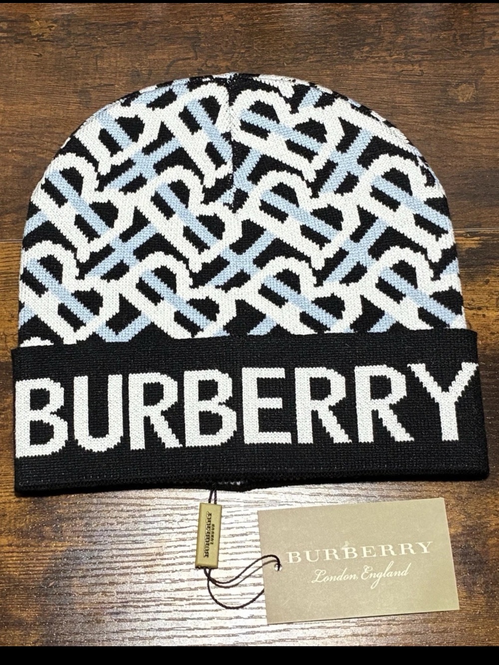 Burberry Monogram Knit Beanie in Black, White, Light Blue